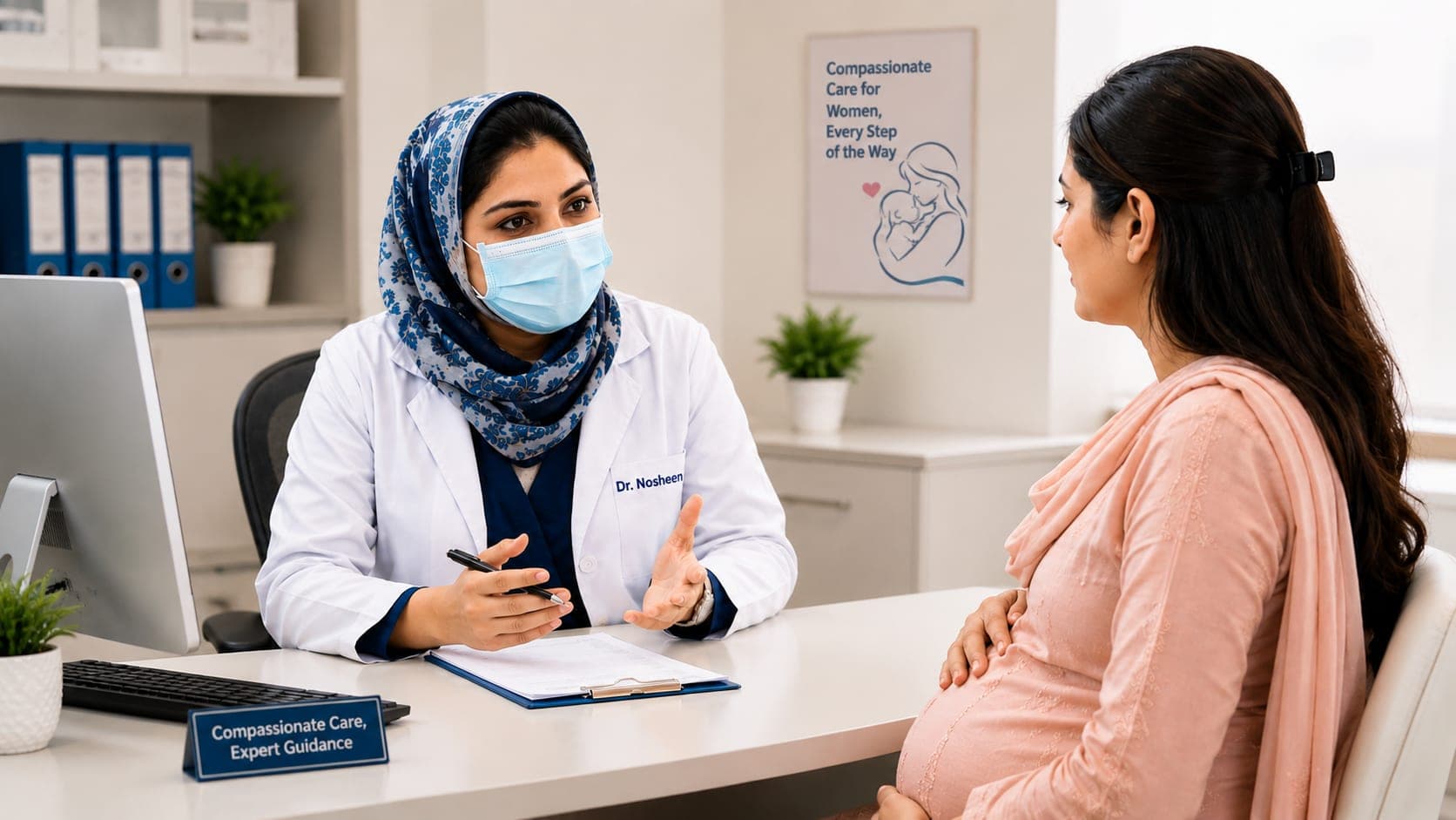 Dr. Nosheen Batool, consultant gynaecologist, in consultation with an expectant mother at her clinic in Rawalpindi